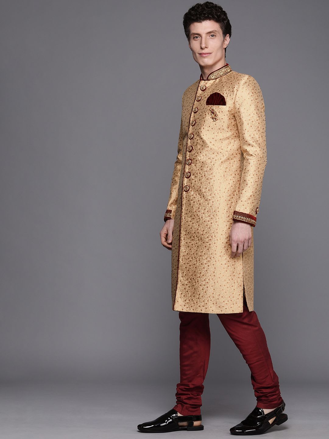 Manyavar Men Beige & Maroon Floral Printed Sherwani and Churidar Set - right view