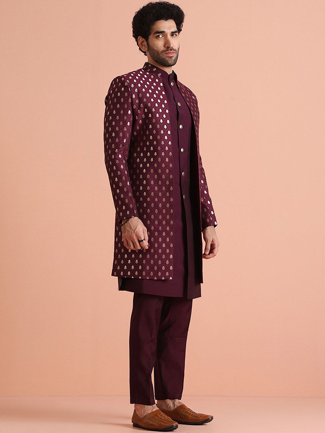 KISAH Men Jacquard Regular Fit Woven Design Jacket Sherwani Trouser Set - back view