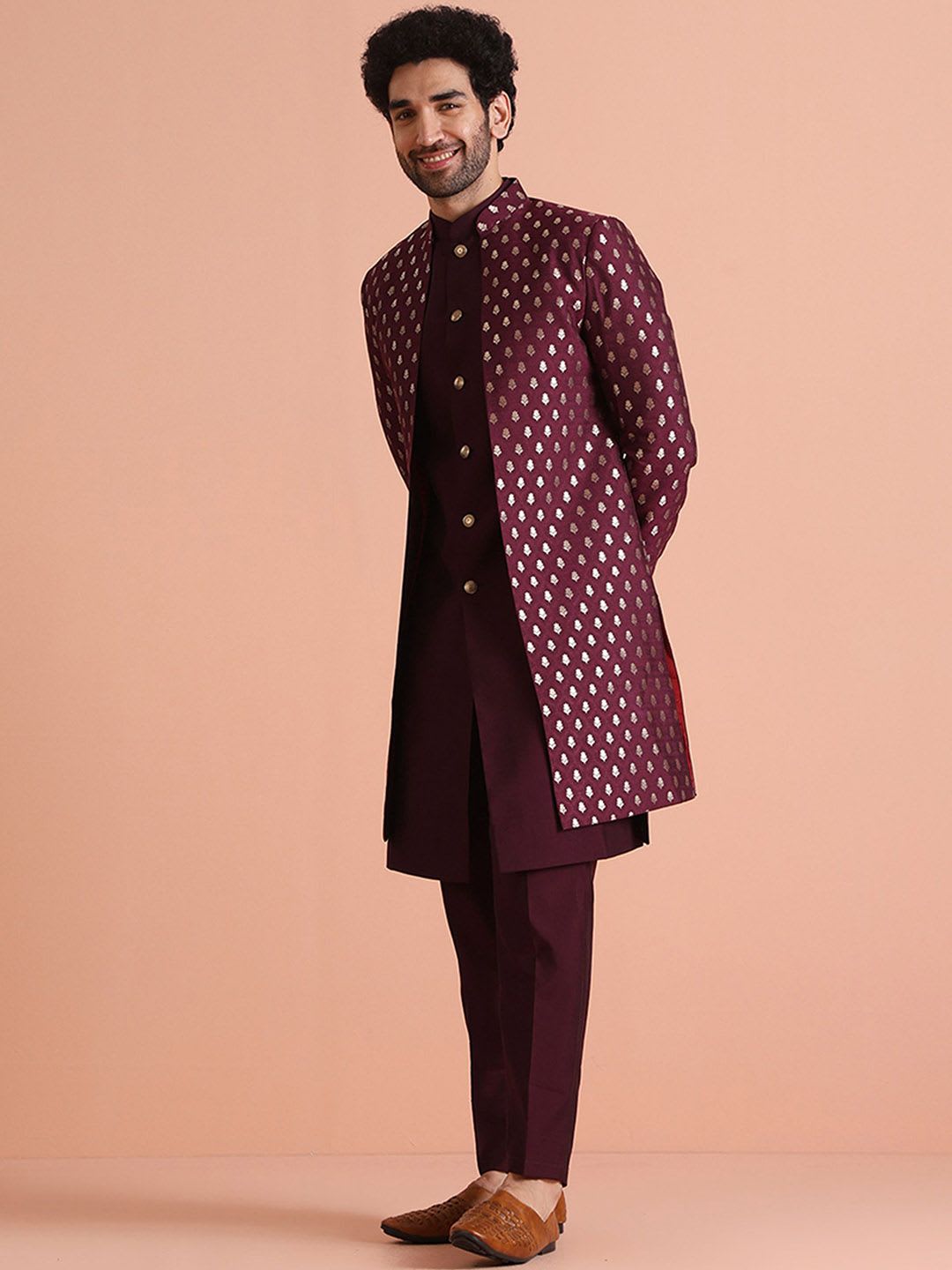 KISAH Men Jacquard Regular Fit Woven Design Jacket Sherwani Trouser Set - right view