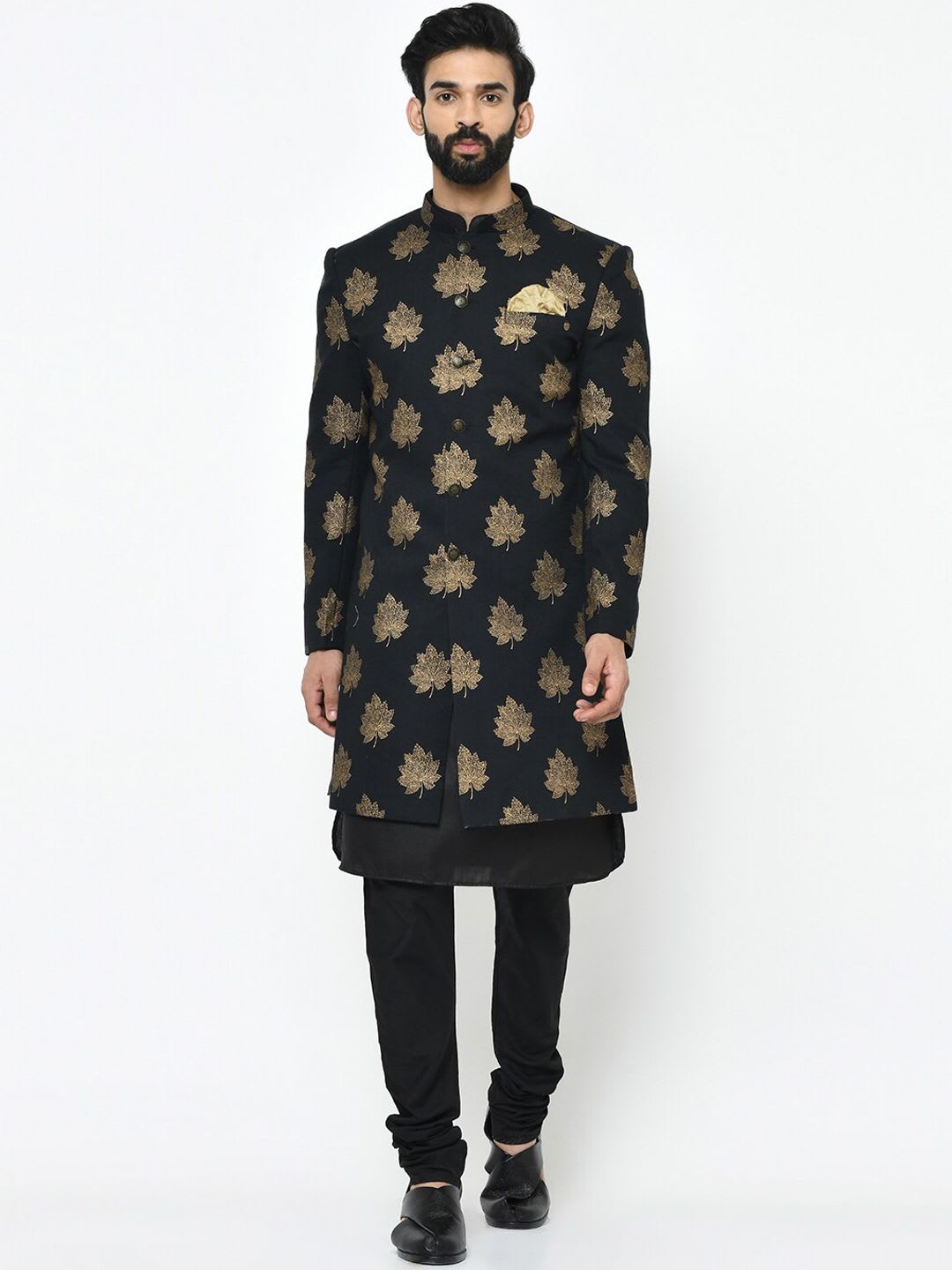 KISAH Men Black & Gold Printed Cotton Indowestern Sherwani Set - default view