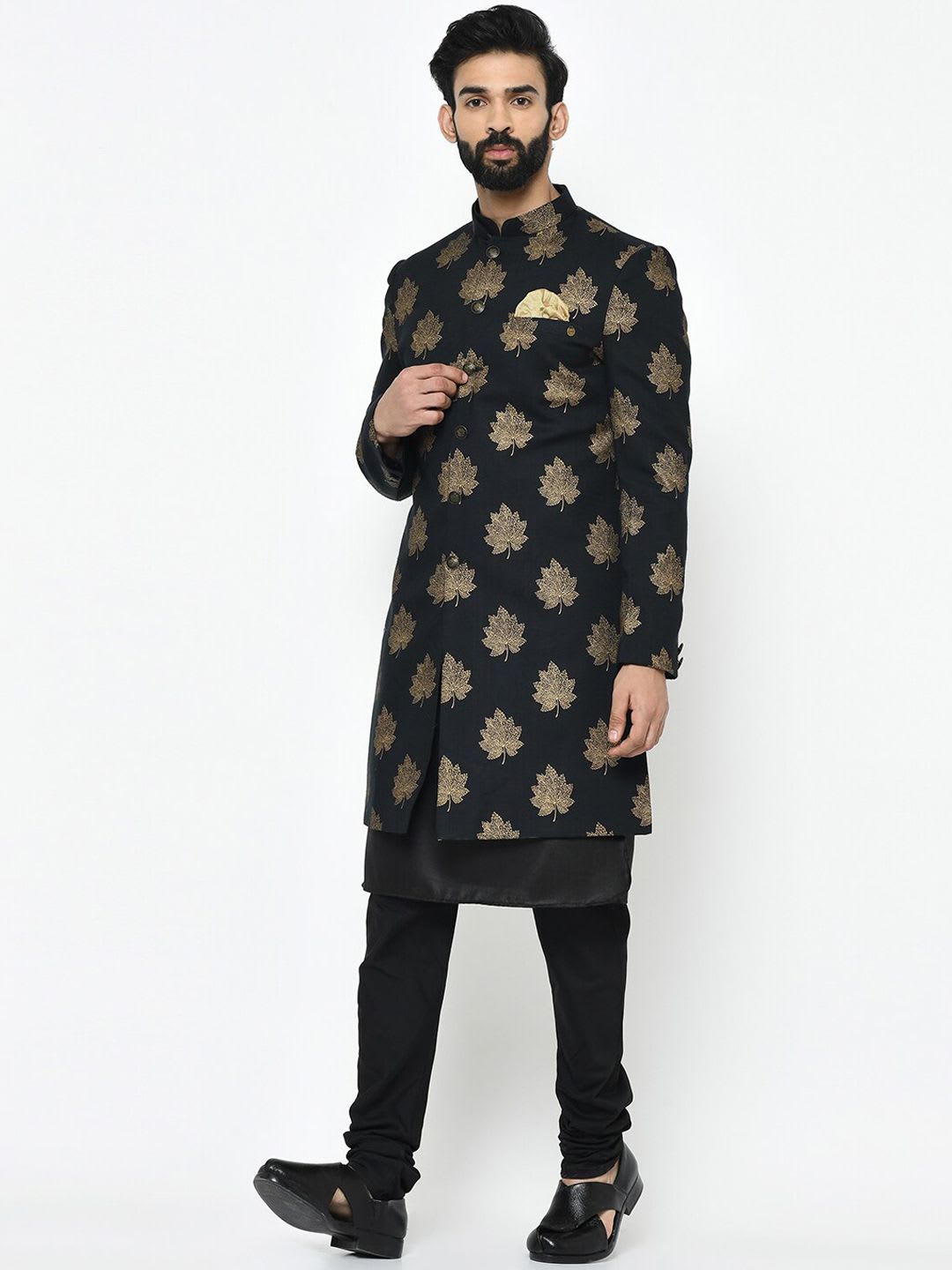 KISAH Men Black & Gold Printed Cotton Indowestern Sherwani Set - left view
