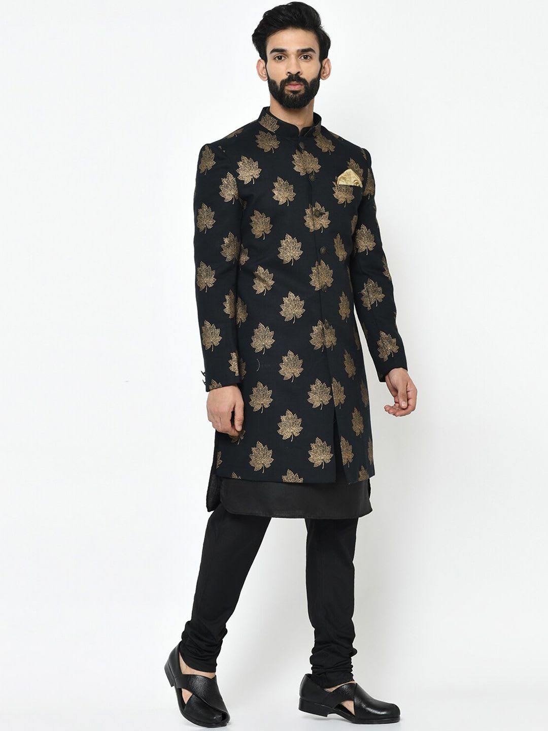 KISAH Men Black & Gold Printed Cotton Indowestern Sherwani Set - right view