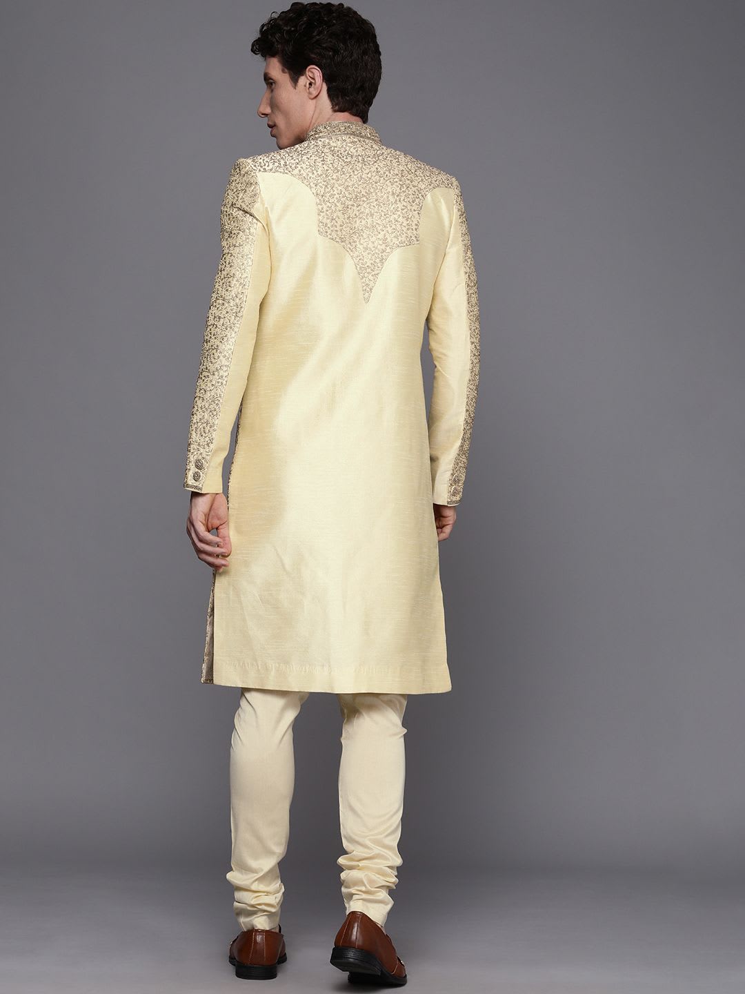 Manyavar Men Beige Embroidered Sherwani & Churidar - left view