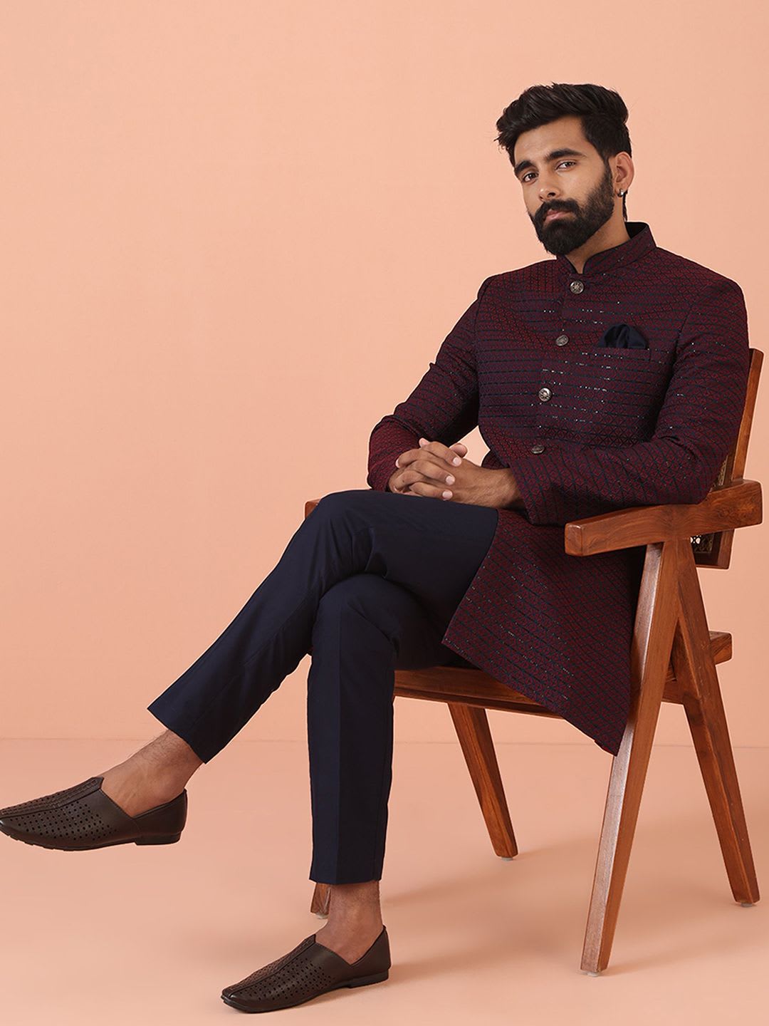 KISAH Men Jacquard Regular Fit Sequinned Indowestern Sherwani Trouser Set - default view