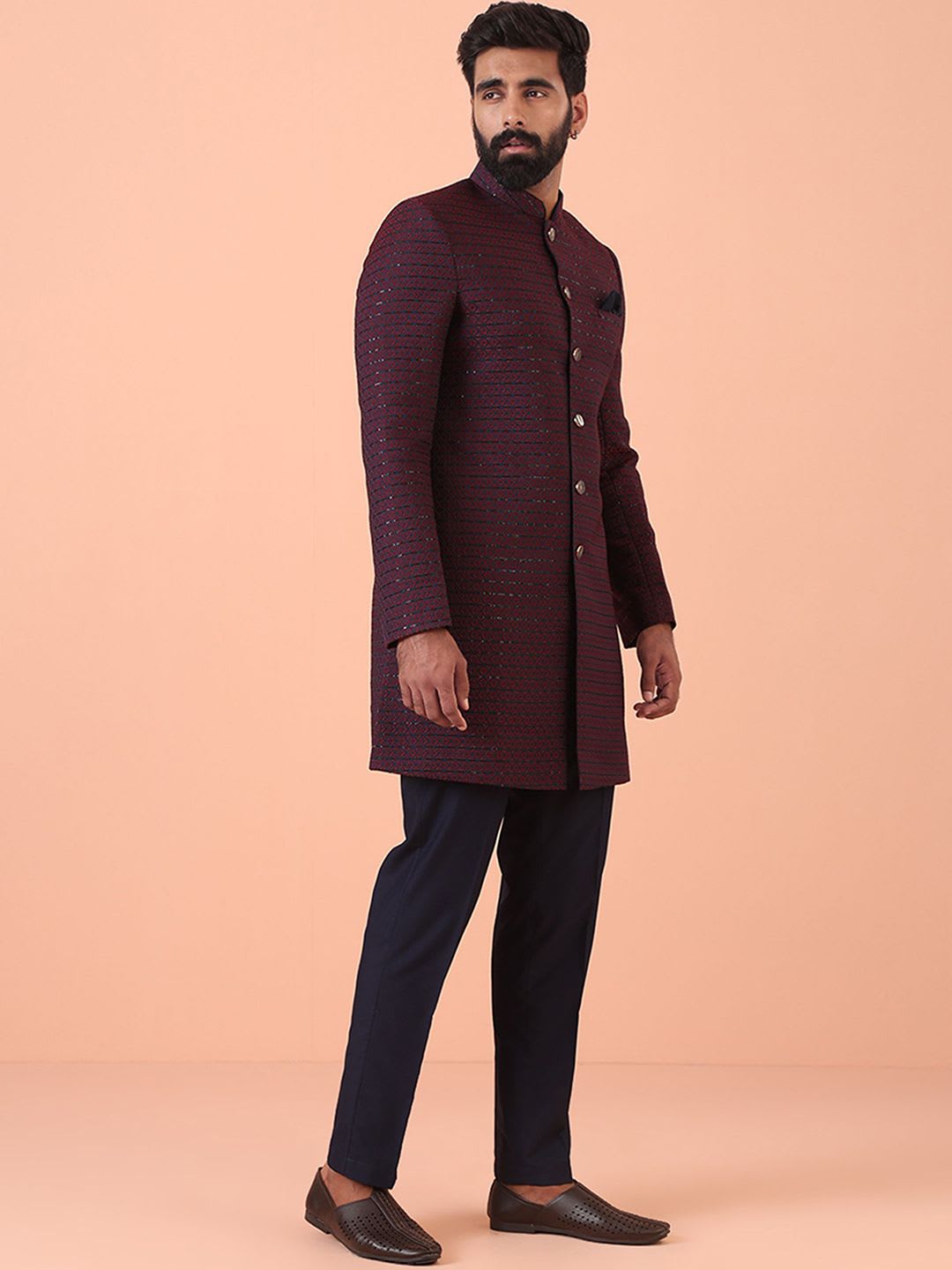 KISAH Men Jacquard Regular Fit Sequinned Indowestern Sherwani Trouser Set - right view