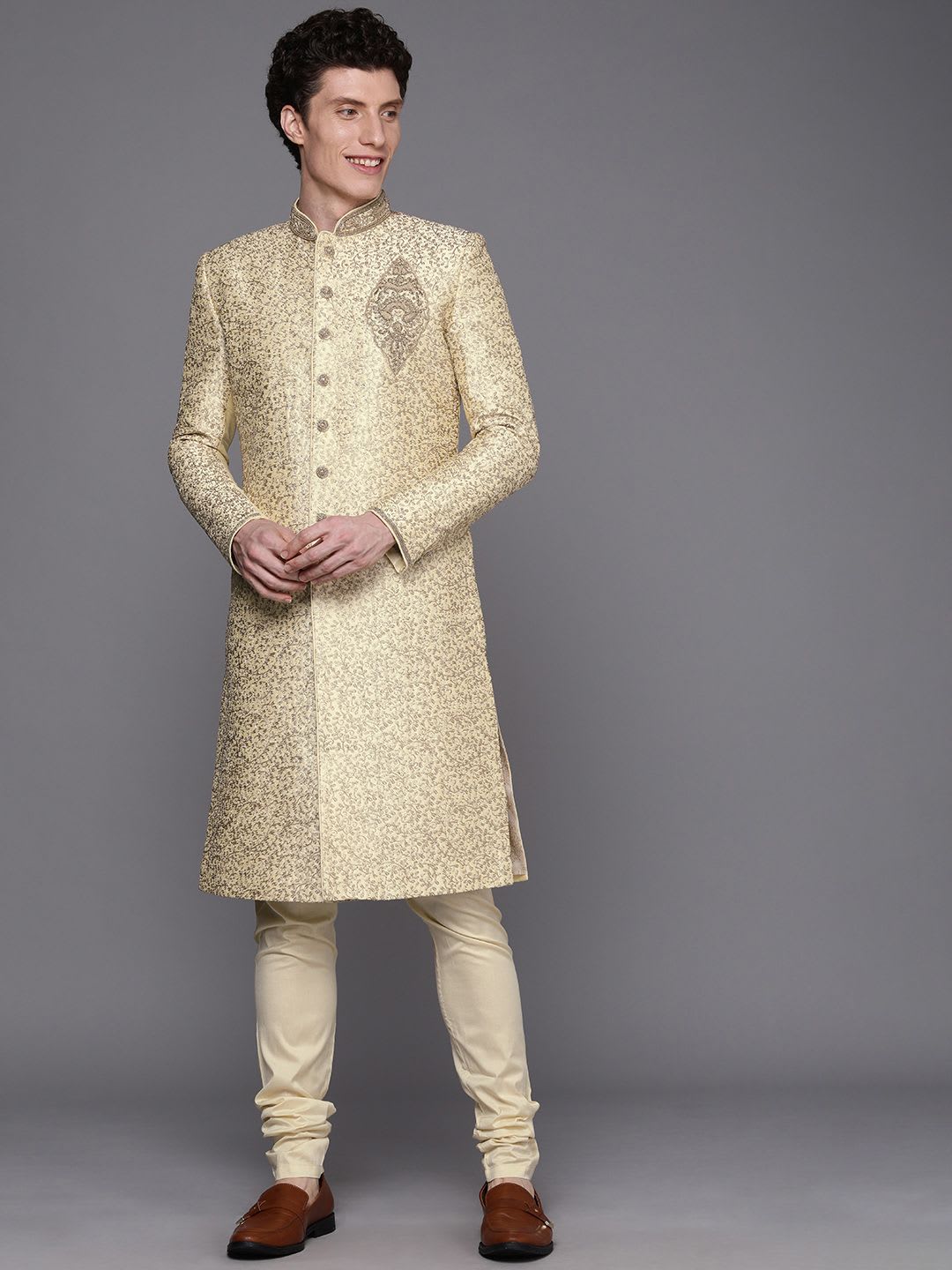 Manyavar Men Beige Embroidered Sherwani & Churidar - right view