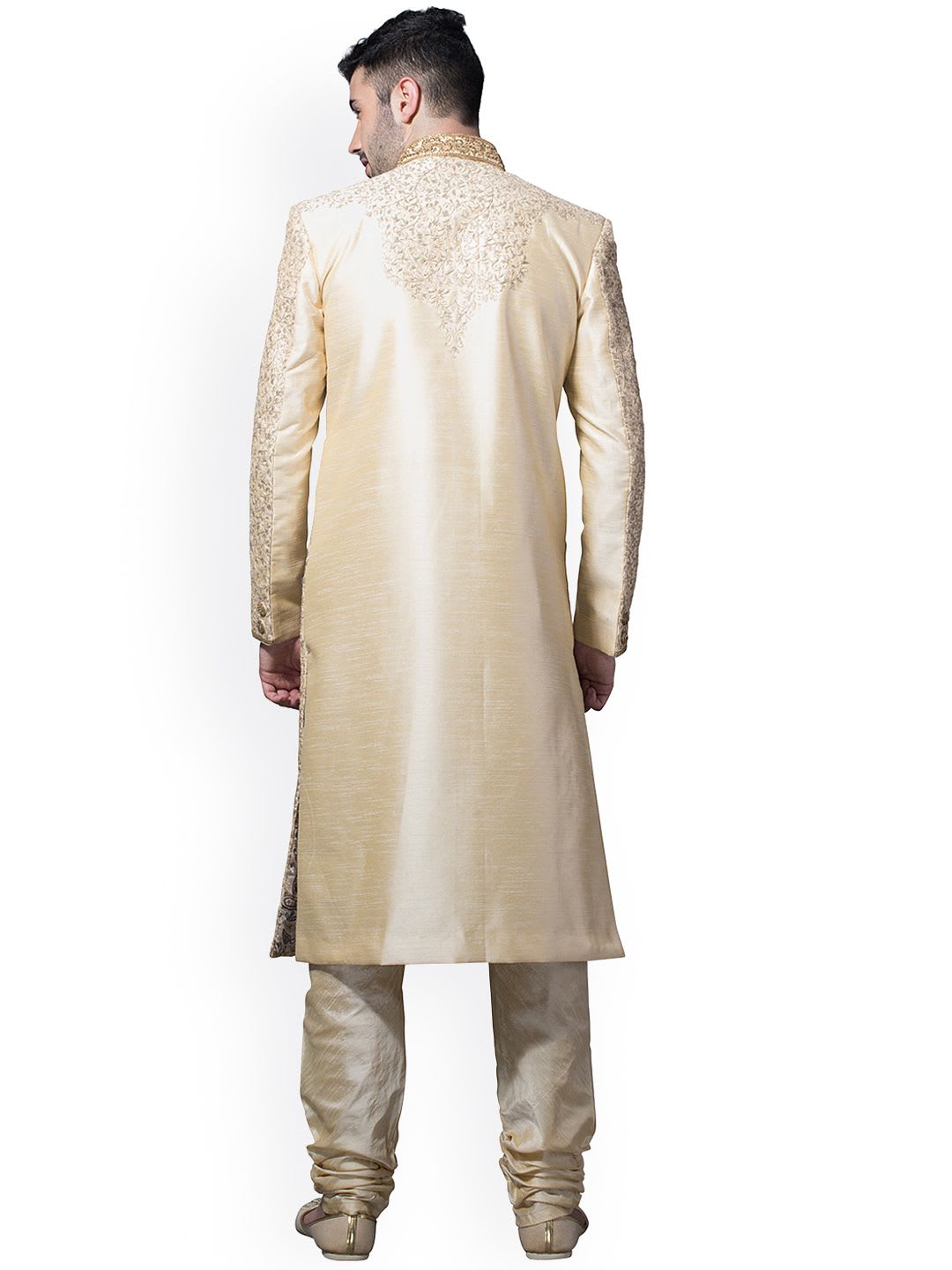Manyavar Cream Embroidered Silk Sherwani - back view
