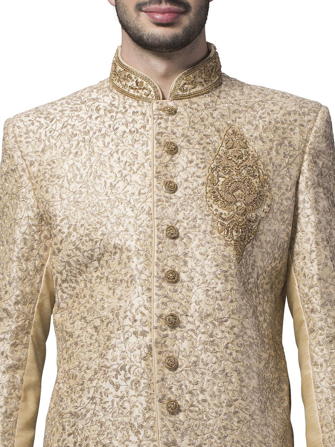 Manyavar Cream Embroidered Silk Sherwani - left view