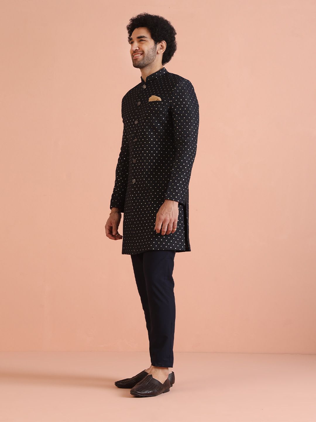KISAH Men Black Ethnic Motifs Woven Design Pure Cotton Indowestern Sherwani With Trouser - left view
