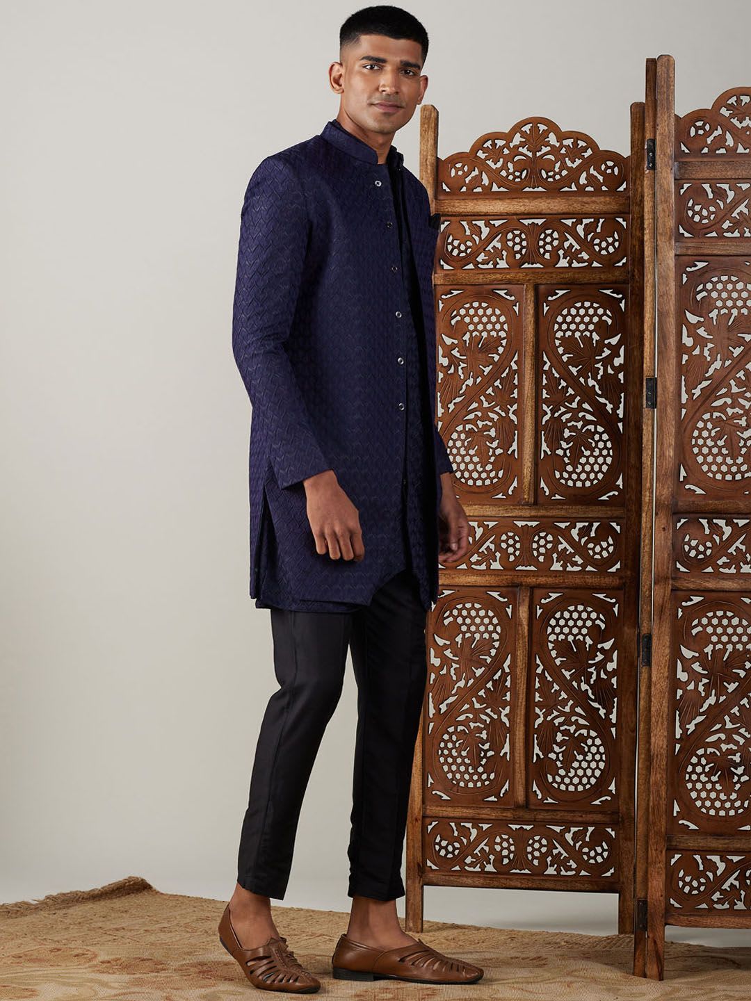 VASTRAMAY Men Jacquard Self Design Sherwani Kurta and Pant Set - left view