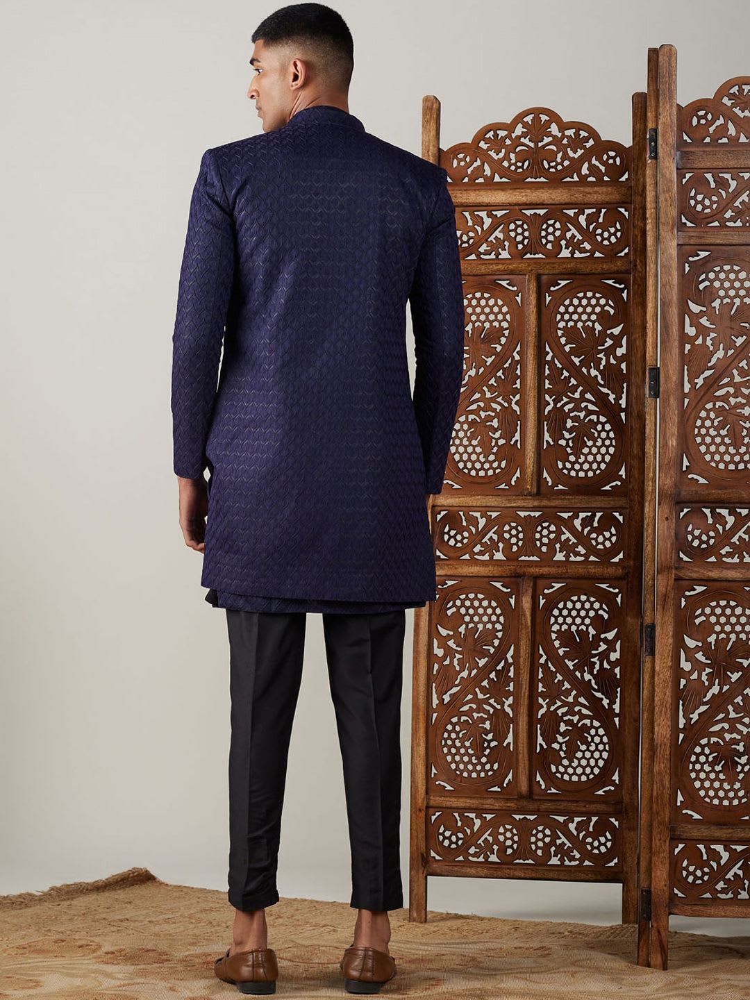 VASTRAMAY Men Jacquard Self Design Sherwani Kurta and Pant Set - right view