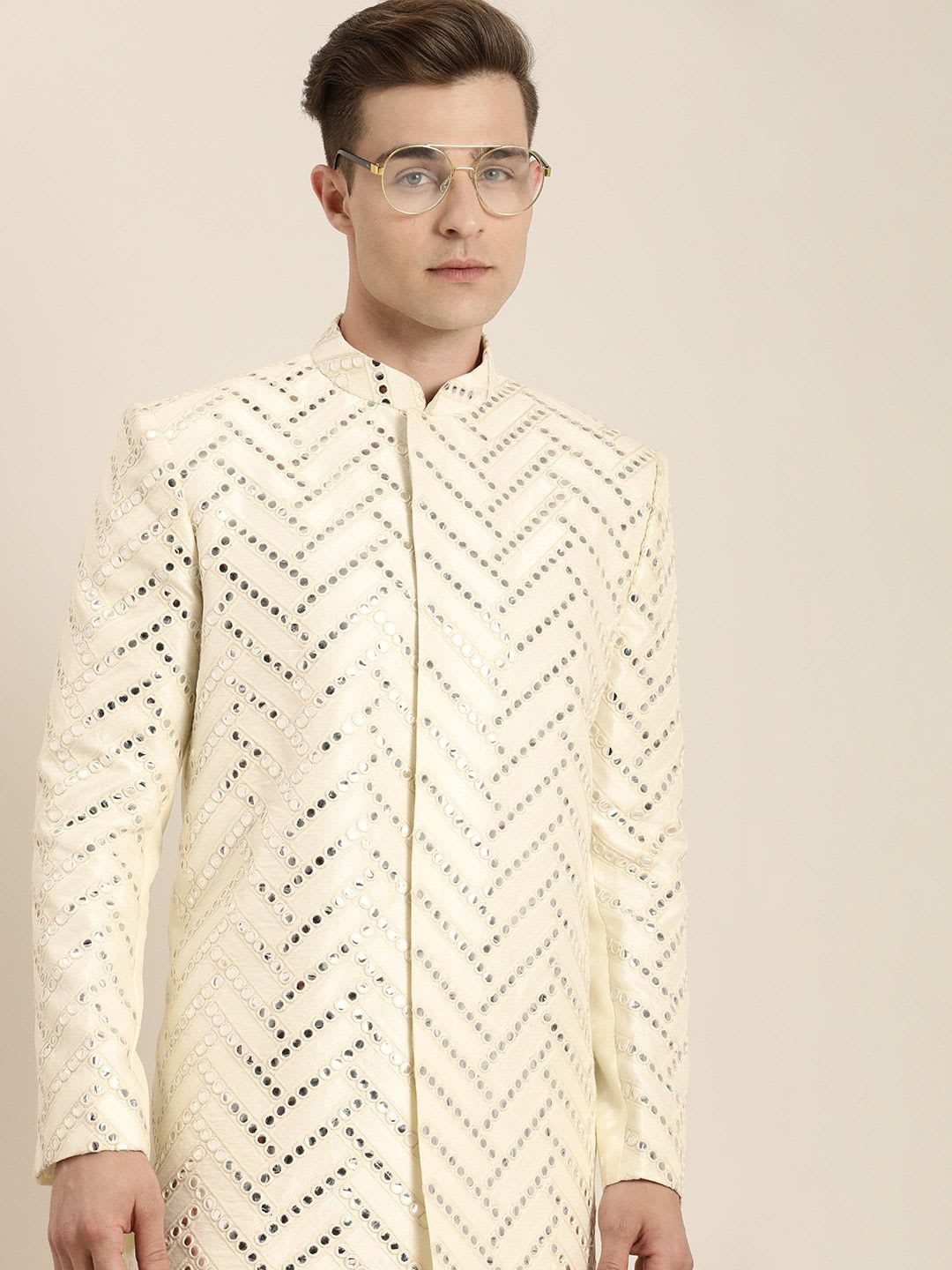 VASTRAMAY Embroidered Mandarin Collar Mirror Work Slim Fit Sherwani Set - back view