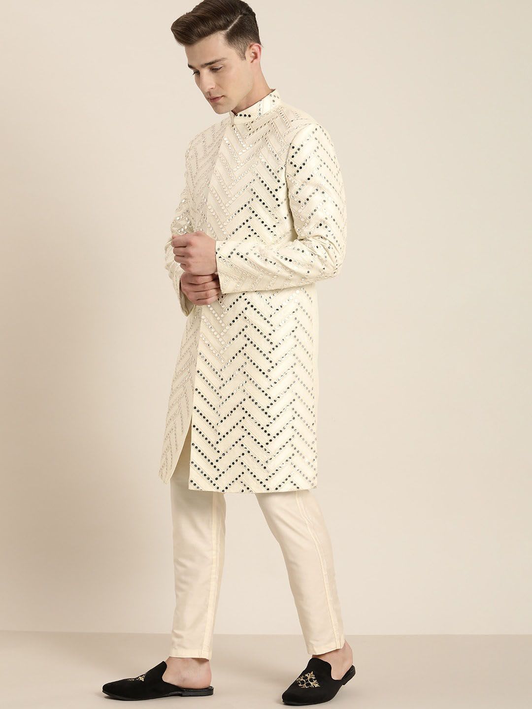 VASTRAMAY Embroidered Mandarin Collar Mirror Work Slim Fit Sherwani Set - left view