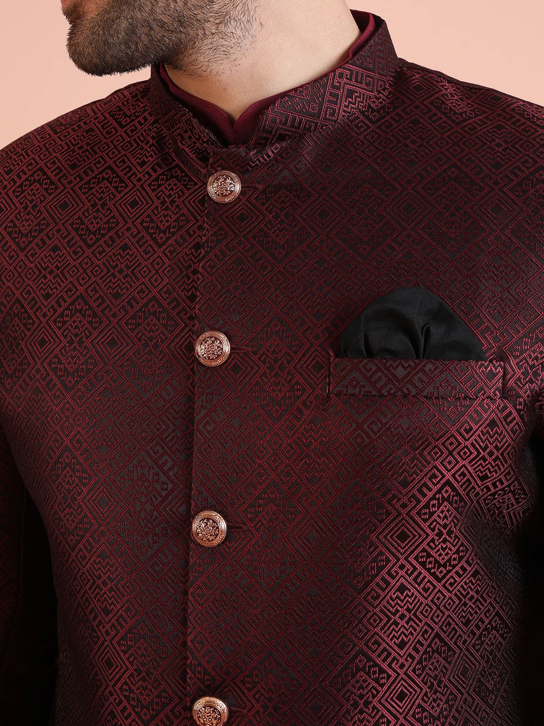 KISAH Men Maroon Self-Design Cotton Indowestern Sherwani Set - back view