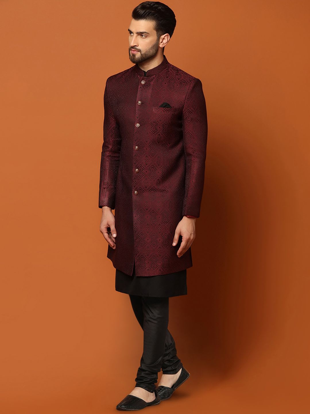 KISAH Men Maroon Printed Mandarin Collar Cotton Indowestern Sherwani Set - left view