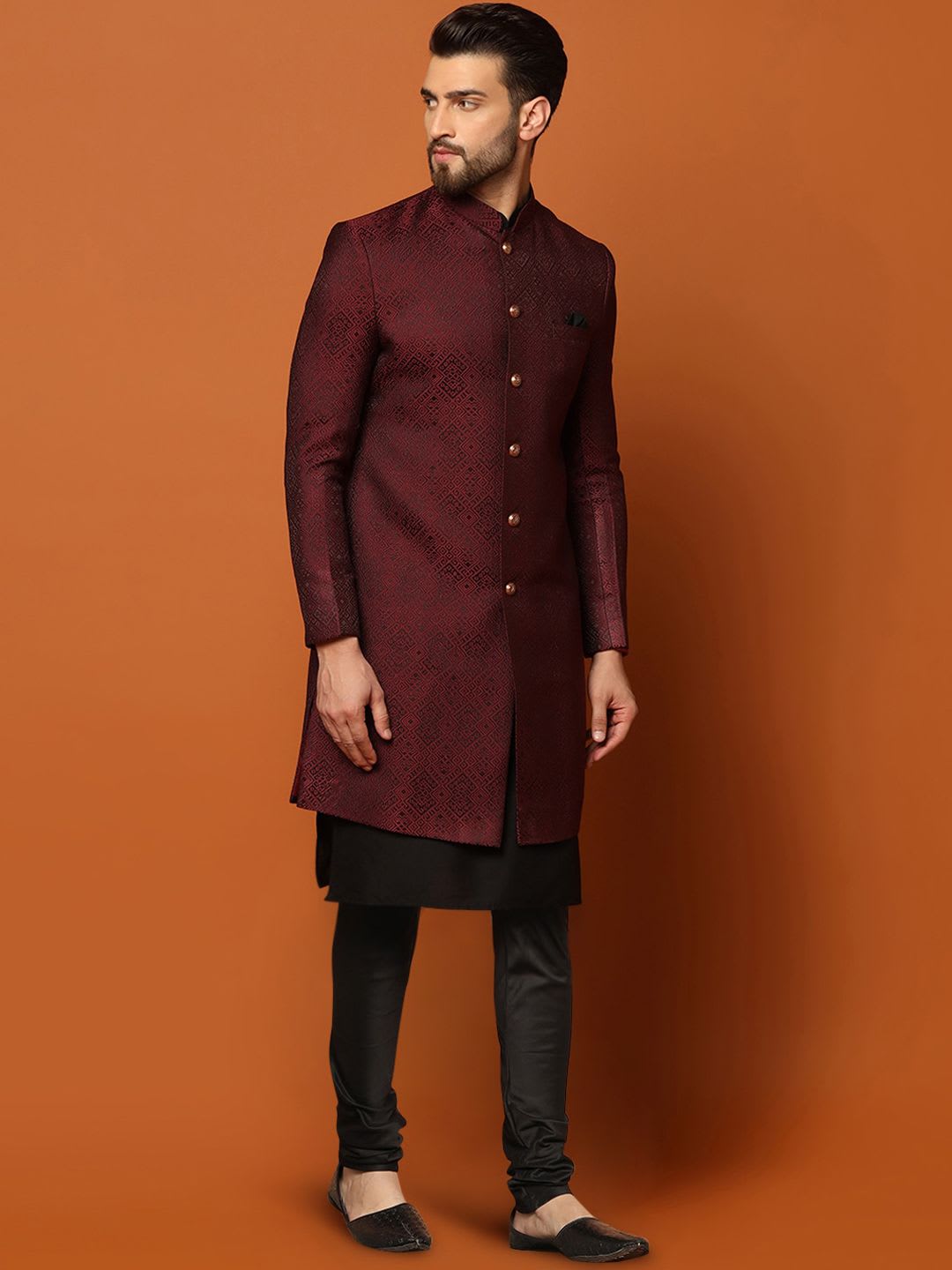 KISAH Men Maroon Printed Mandarin Collar Cotton Indowestern Sherwani Set - right view