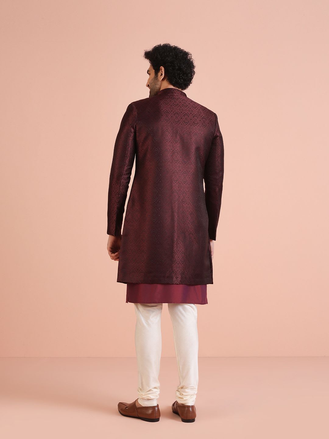 KISAH Men Maroon Self-Design Cotton Indowestern Sherwani Set - left view