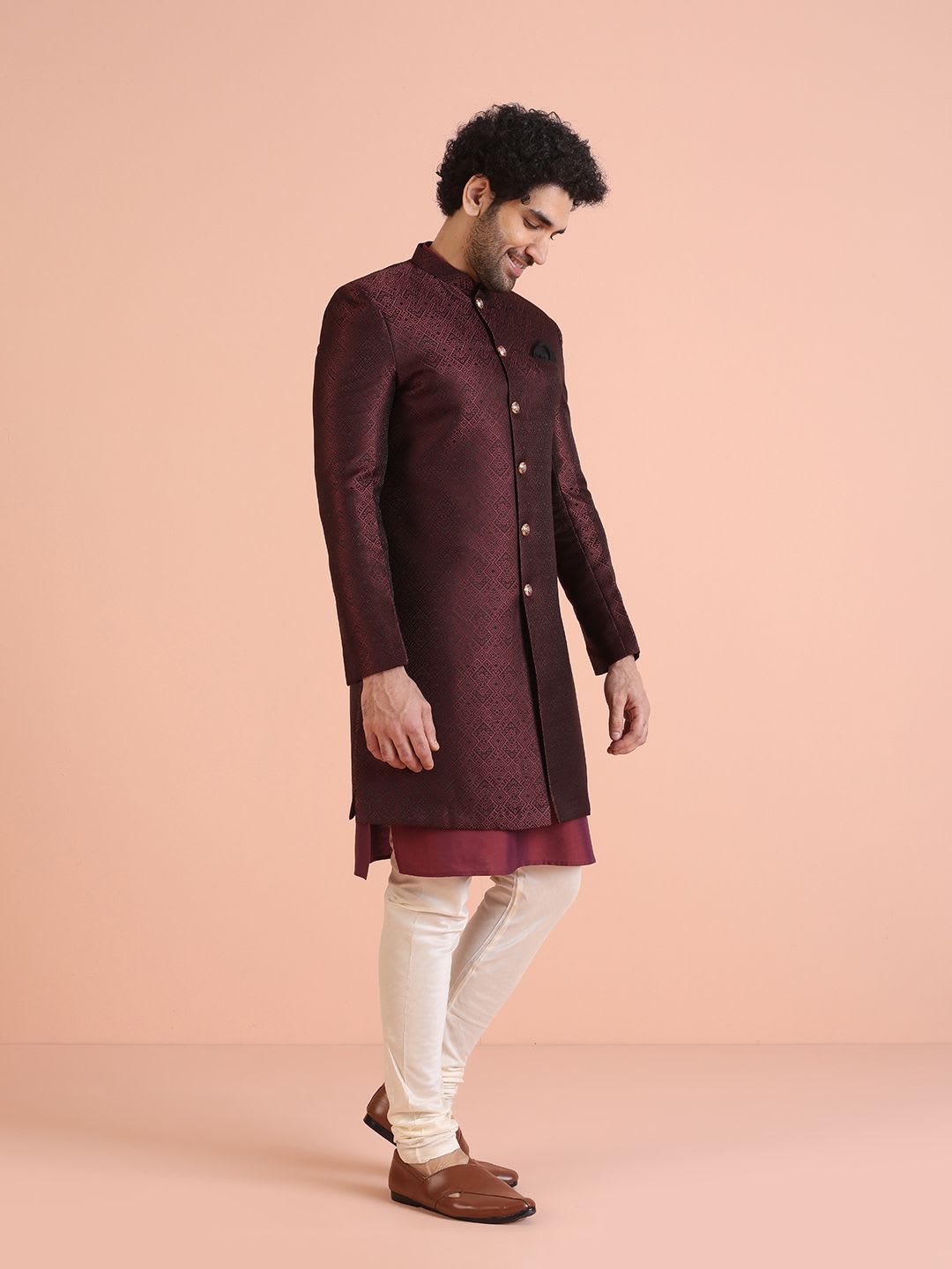 KISAH Men Maroon Self-Design Cotton Indowestern Sherwani Set - right view