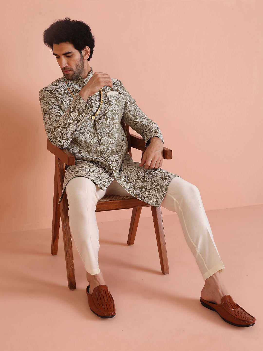 KISAH Olive Self Design Mandarin Collar Sherwani & Trouser - default view