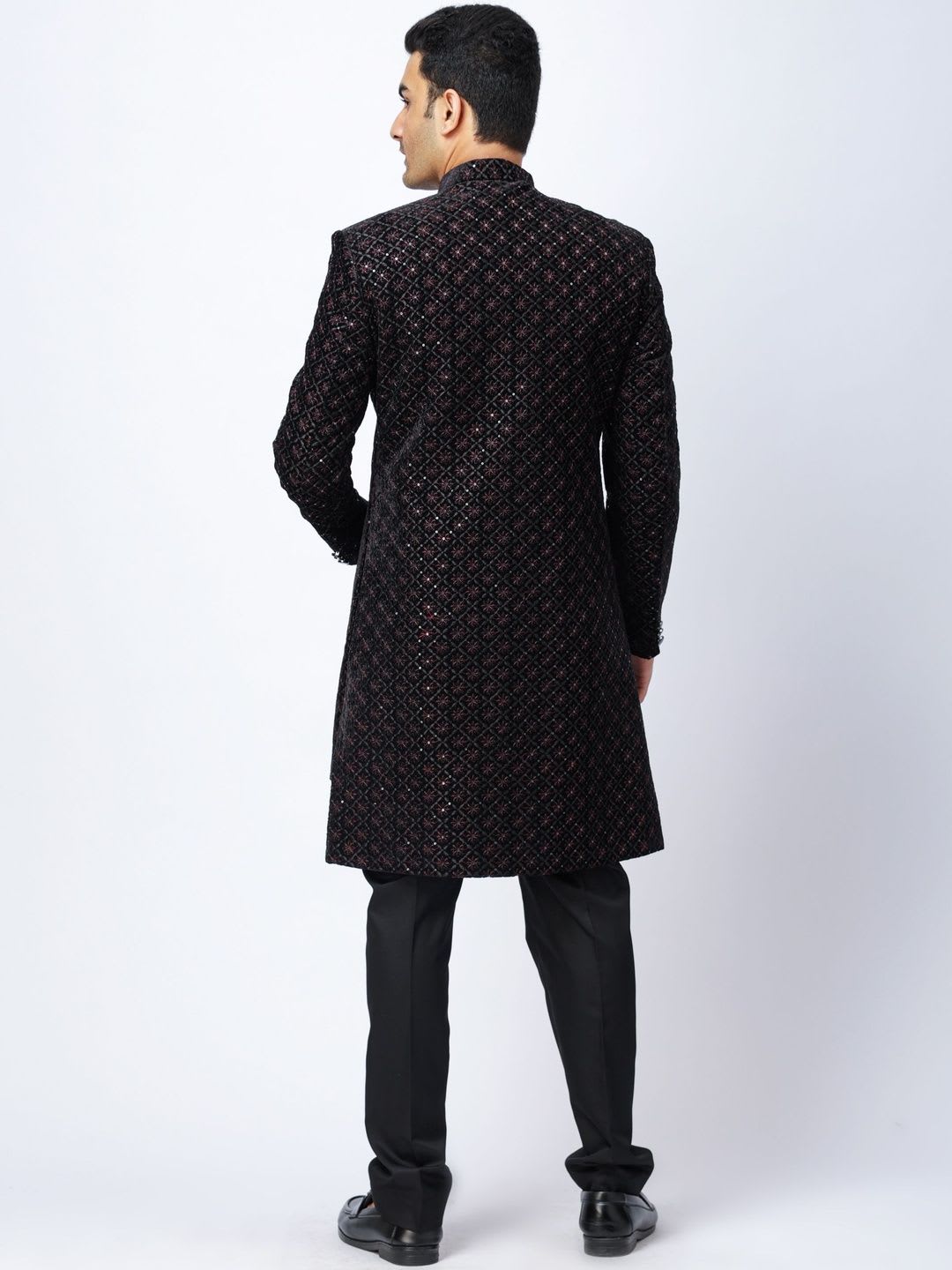 Aesthelia Men Embroidered Knee Length Mandarin Collar Regular 3-Piece Sherwani Set - left view