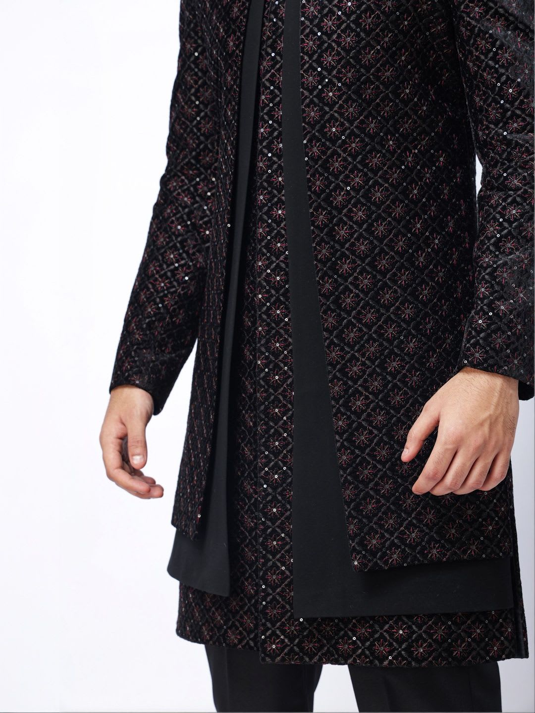 Aesthelia Men Embroidered Knee Length Mandarin Collar Regular 3-Piece Sherwani Set - right view