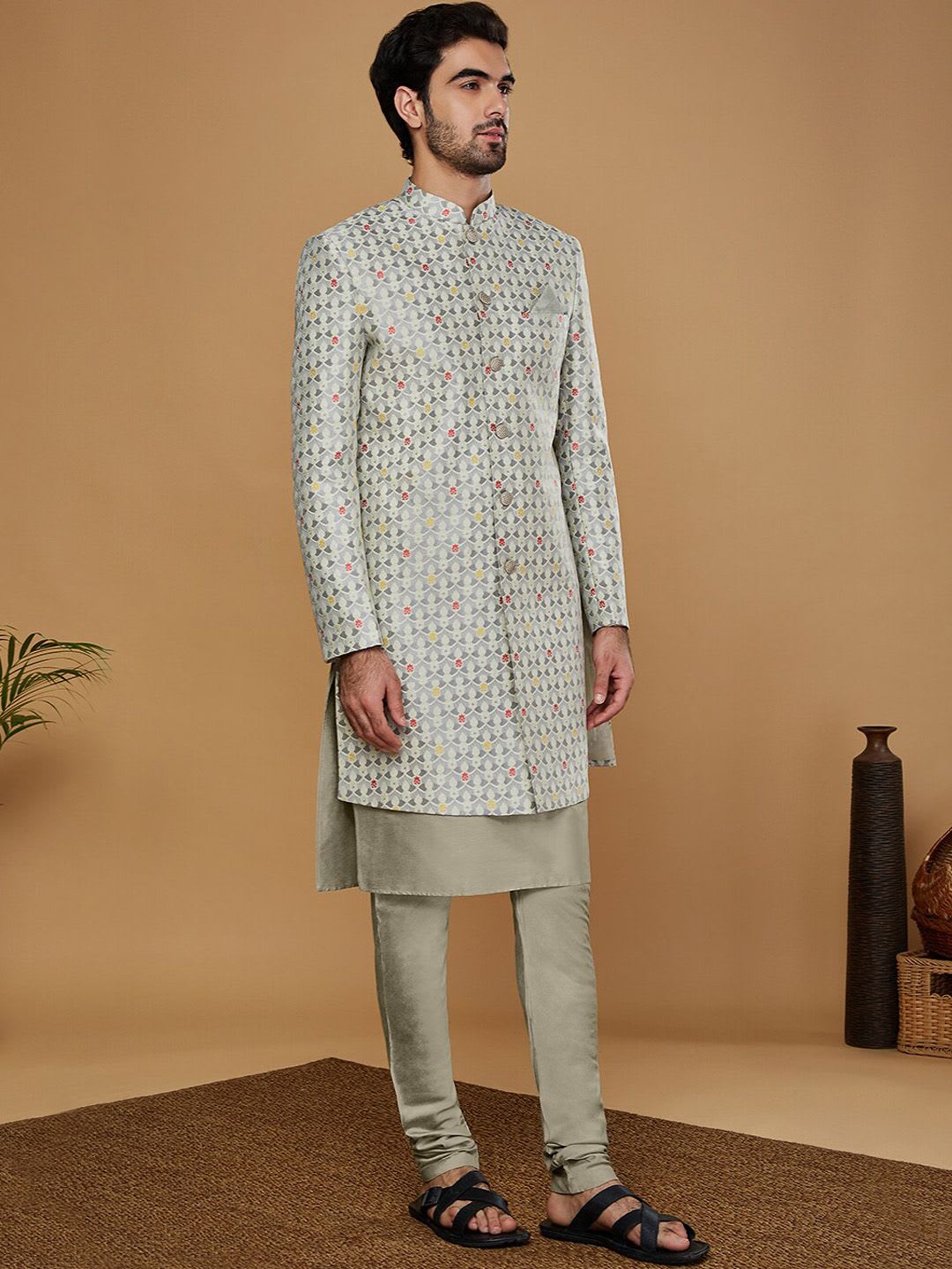 KISAH Men Ethnic Motifs Self Design Kurta & Churidar With Indowestern Sherwani Set - right view