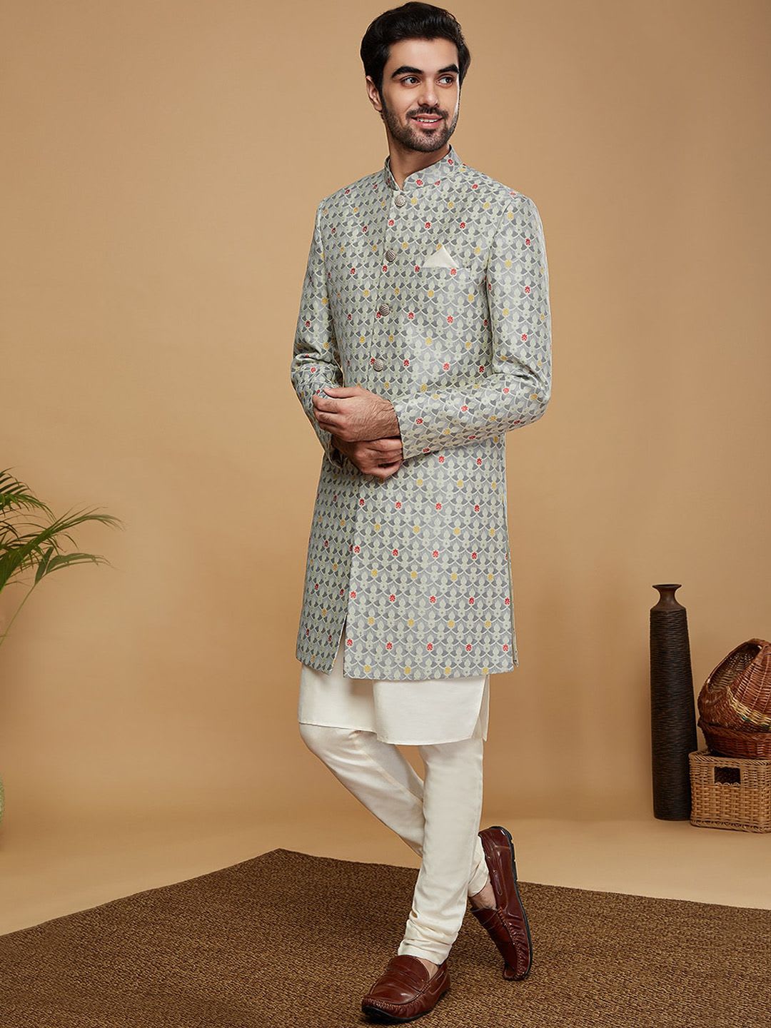 KISAH Men Woven Design Indowestern Sherwani And Churidar Set - left view
