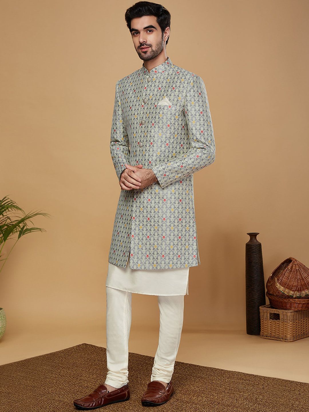 KISAH Men Woven Design Indowestern Sherwani And Churidar Set - right view