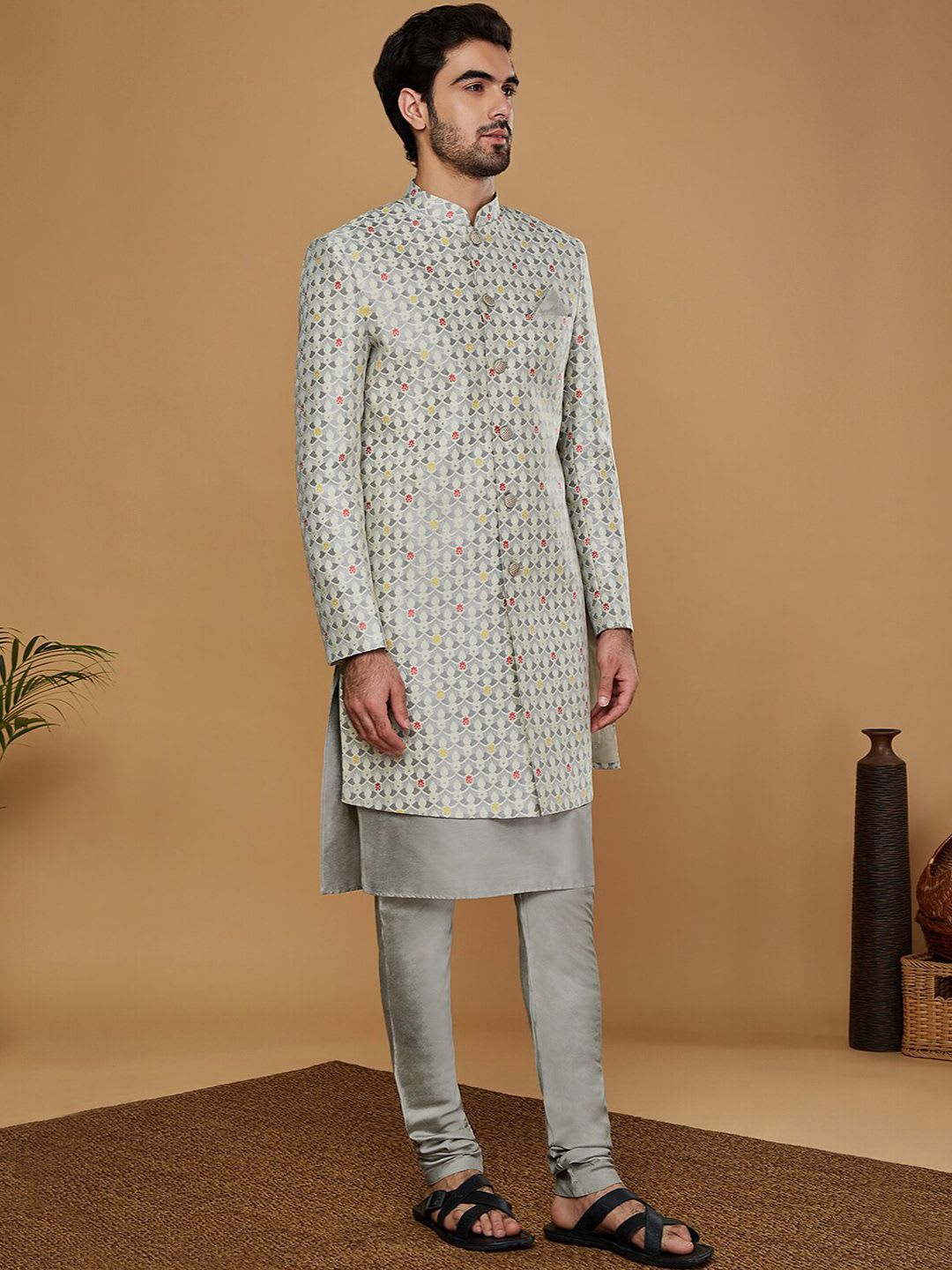 KISAH Men Printed Chanderi Silk Kurta With Indowestern Sherwani And Churidar - right view