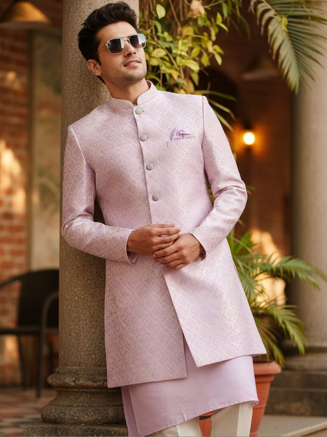KISAH Textured Lavender Brocade Mandarin Collar Sherwani - default view