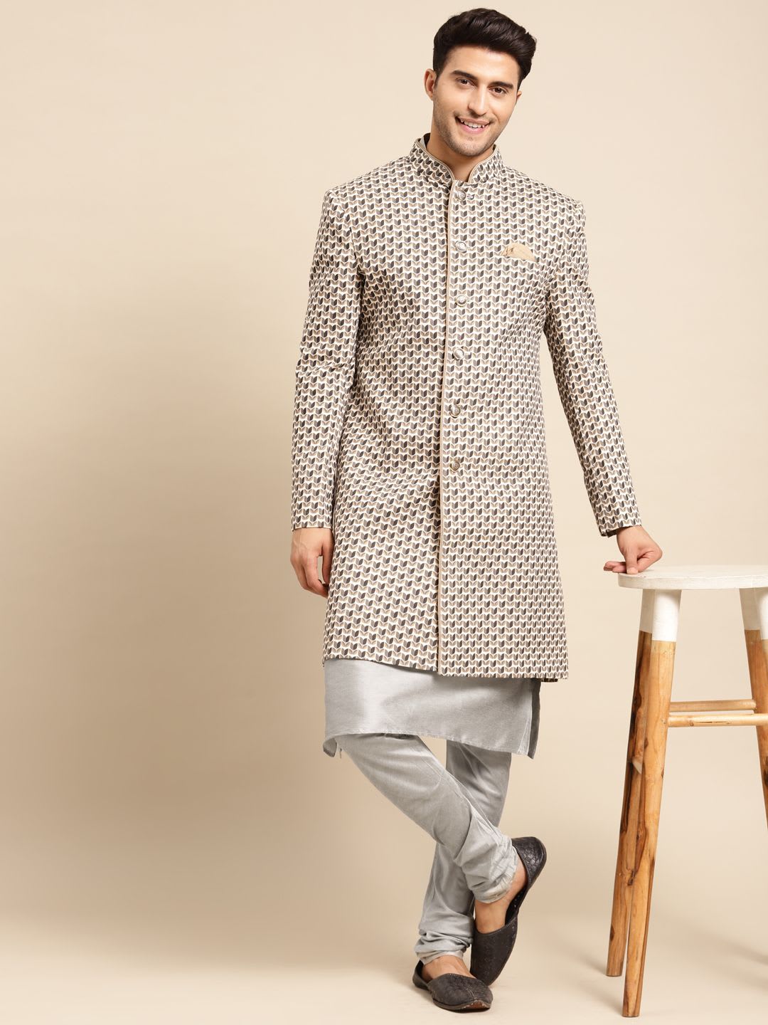 KISAH Men Cream Printed Kurta & Indowestern Sherwani with Churidar Set - default view