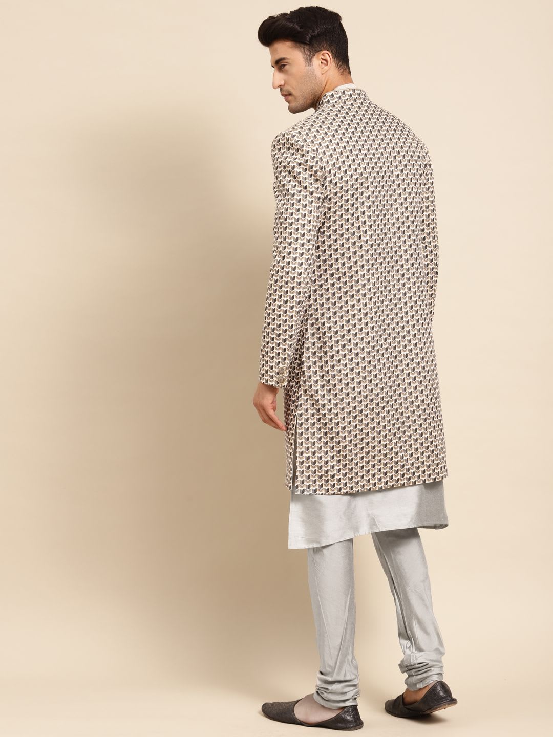 KISAH Men Cream Printed Kurta & Indowestern Sherwani with Churidar Set - left view