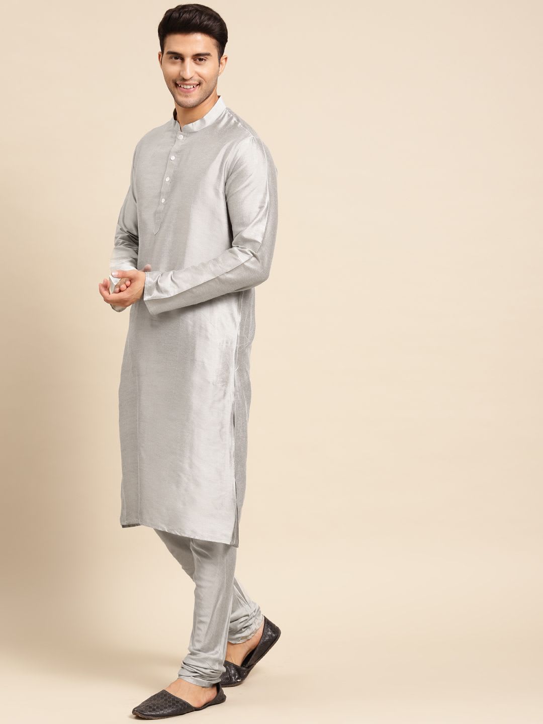KISAH Men Cream Printed Kurta & Indowestern Sherwani with Churidar Set - right view