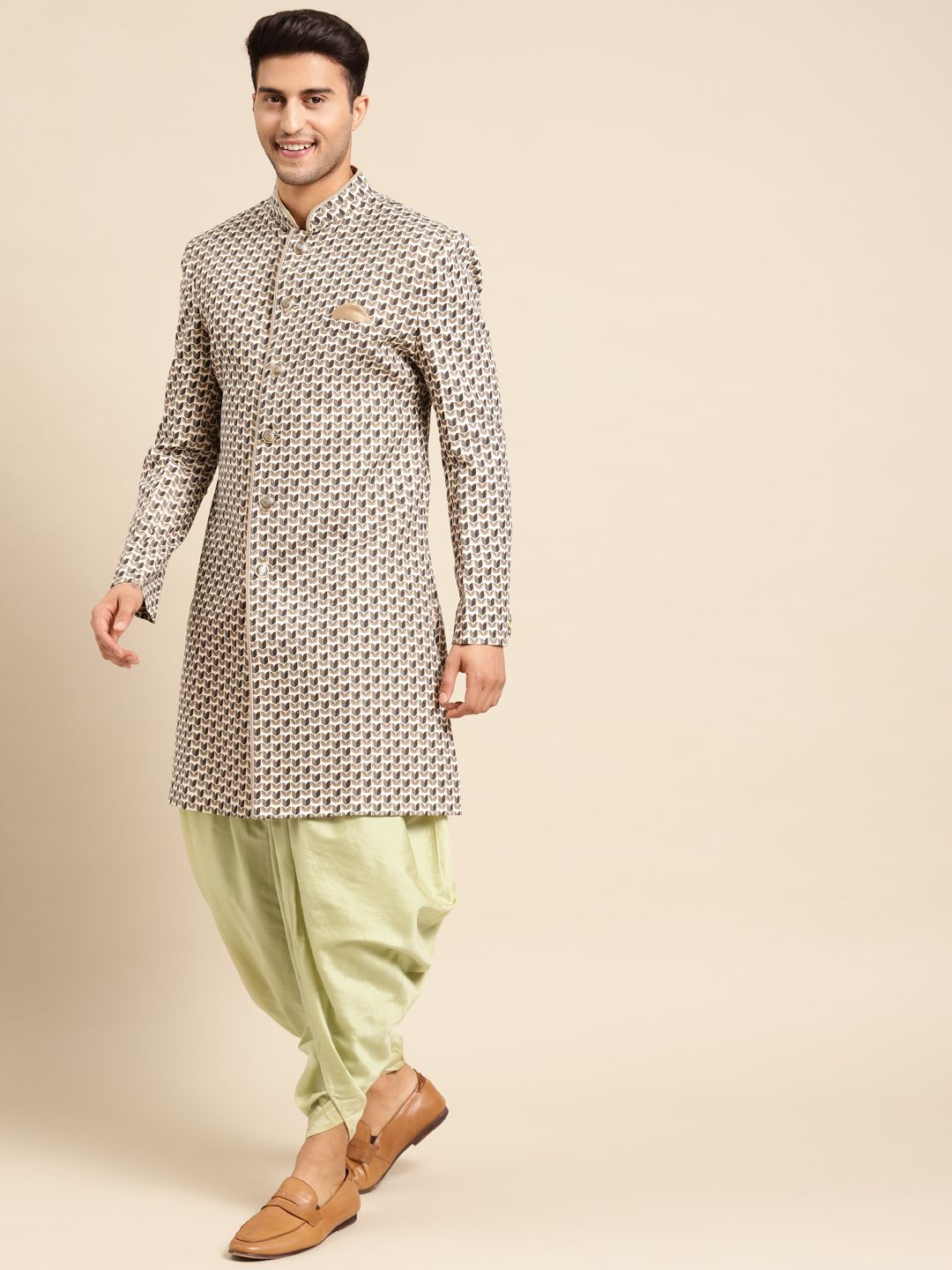 KISAH Men Cream-Coloured & Sage Green Printed Indowestern Sherwani Set - right view
