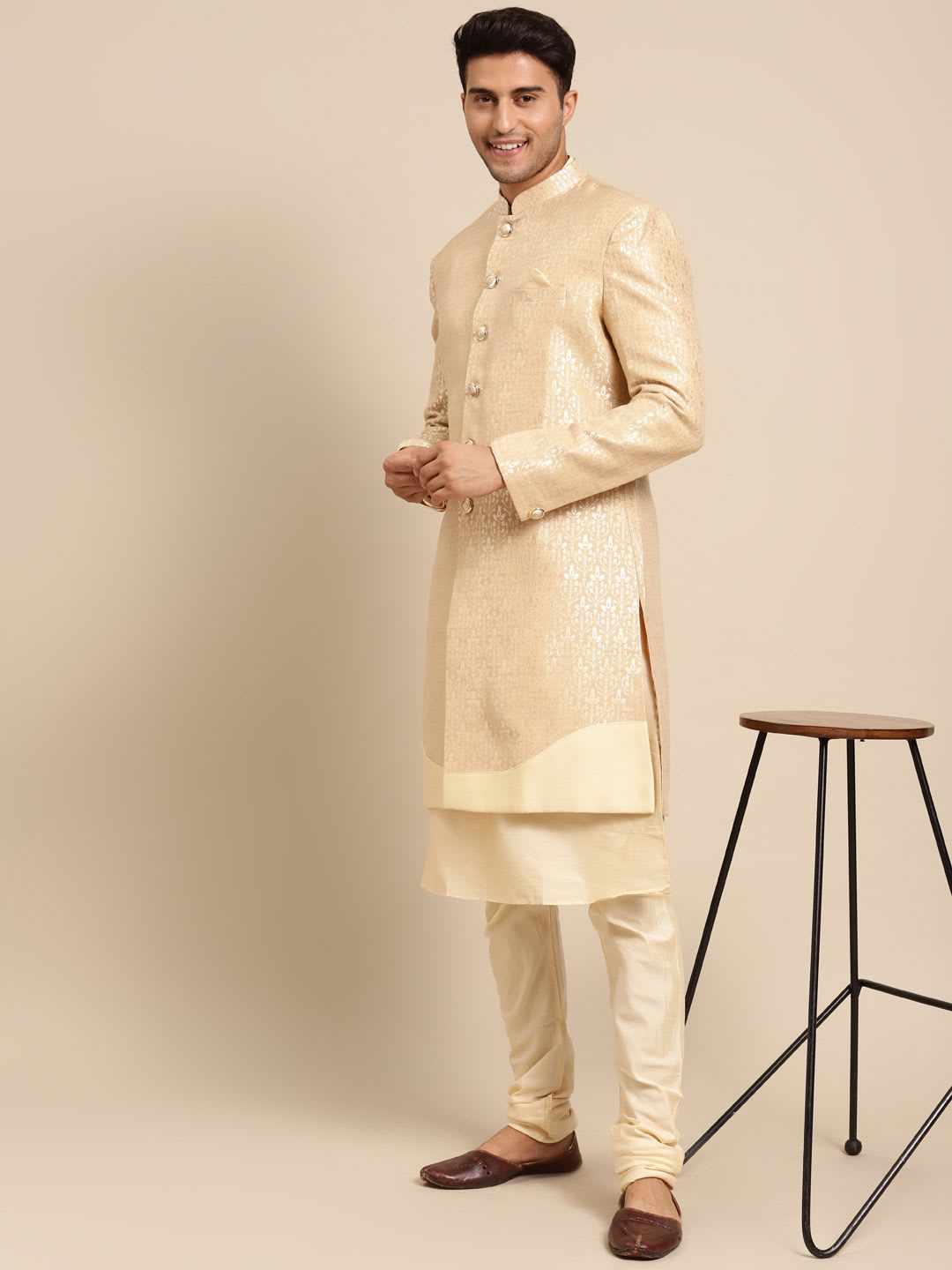 KISAH Men Beige Woven Design Cotton Indowestern Sherwani Set - default view