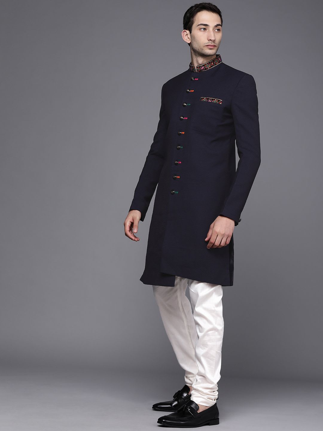 Manyavar Men Navy Blue & White Printed Sherwani Set with Dupatta - left view