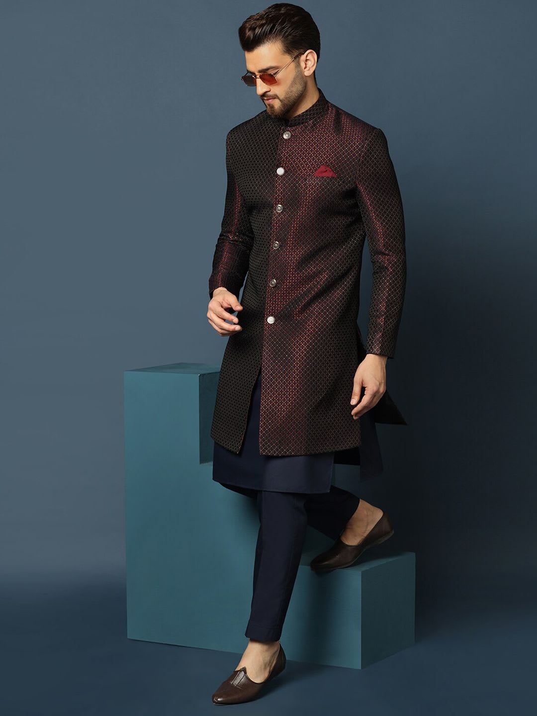 KISAH Mens Woven Design Kurta Indowestern Sherwani Trouser Set - default view