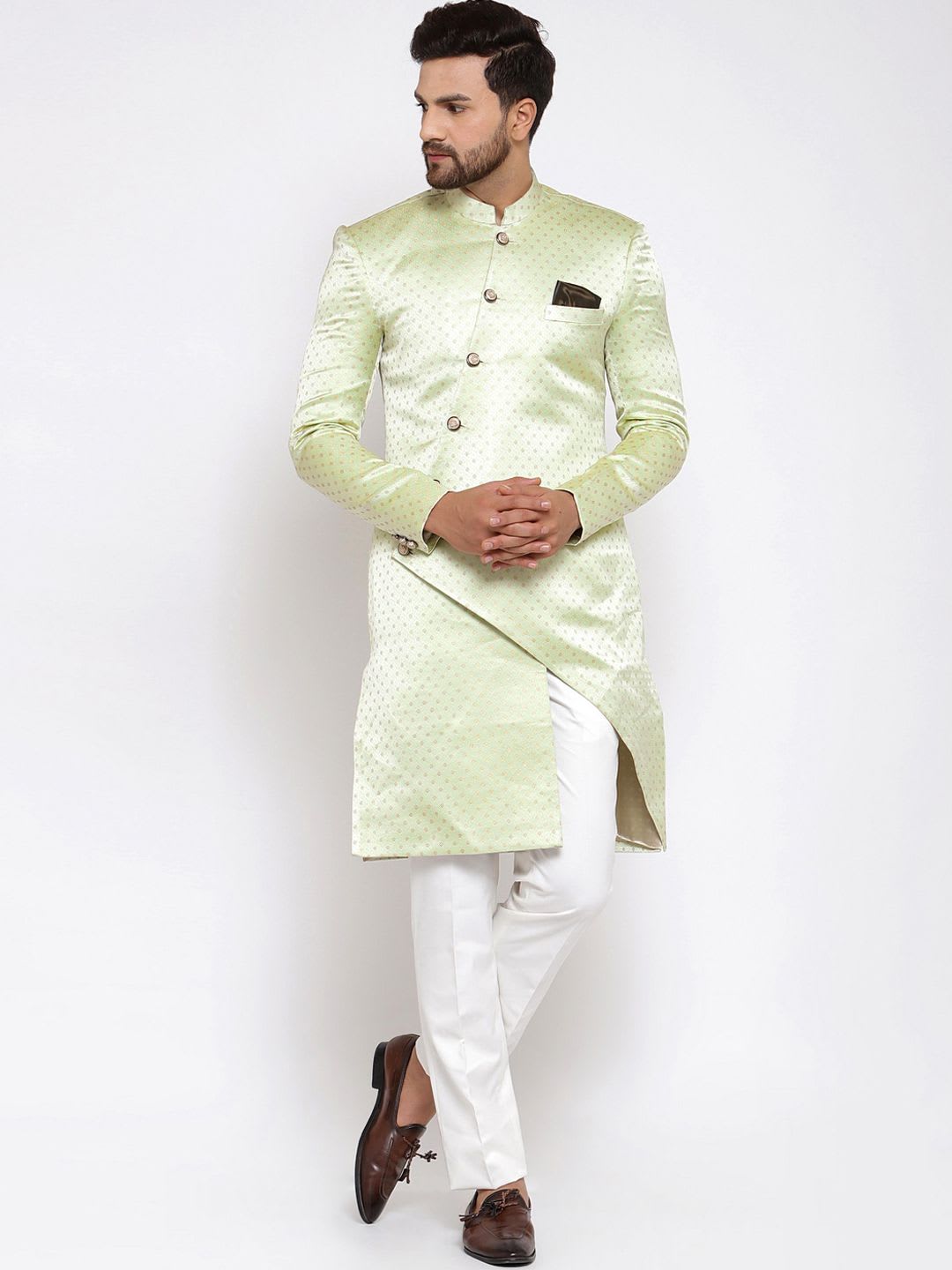 KLOTTHE Men Green & Gold-Toned Woven-Design Sherwani Set - default view
