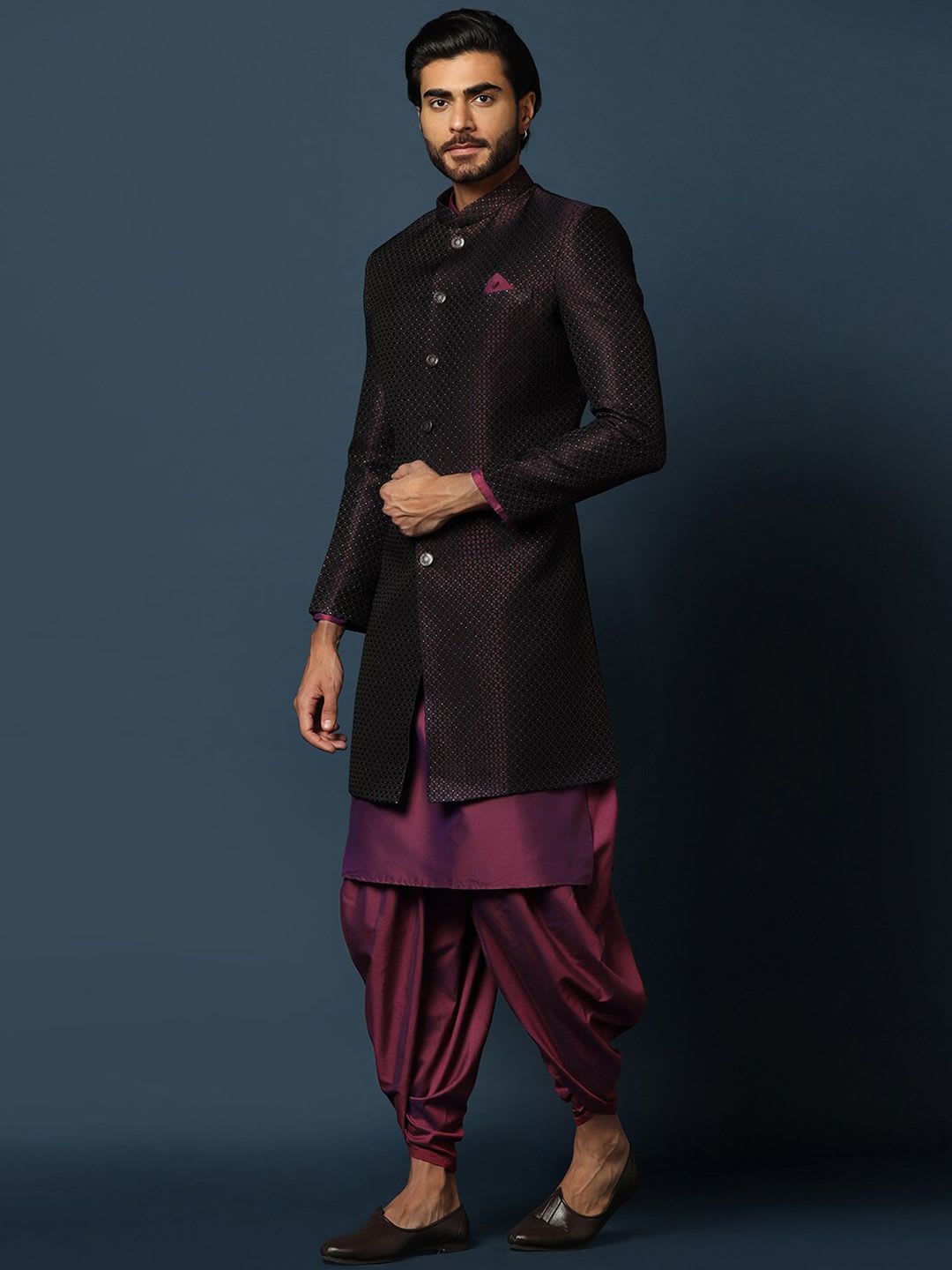 KISAH Men Purple Self-Design Cotton Indowestern Sherwani Set - left view