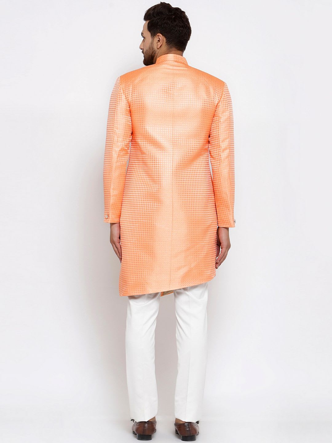 KLOTTHE Men Orange & White Woven-Design Sherwani Set - left view