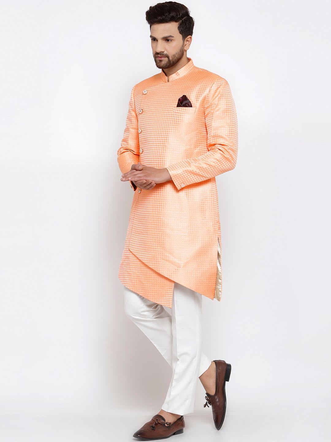 KLOTTHE Men Orange & White Woven-Design Sherwani Set - right view
