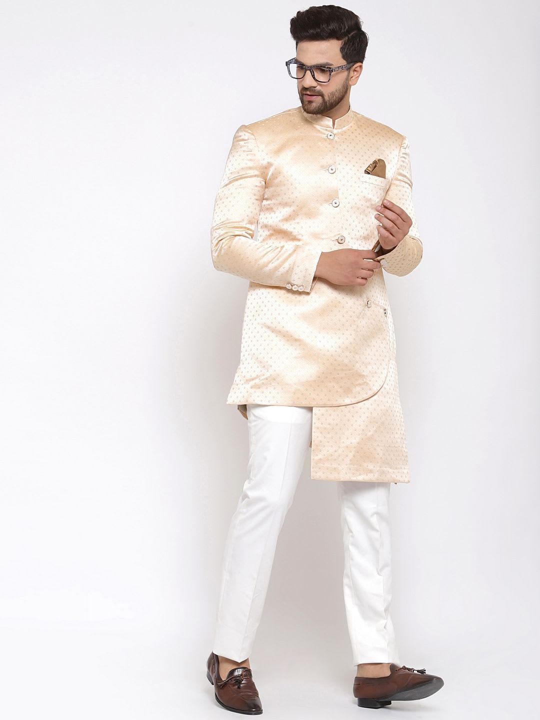 Klotthe Men Orange Woven Design Indo-Western Sherwani Set - right view