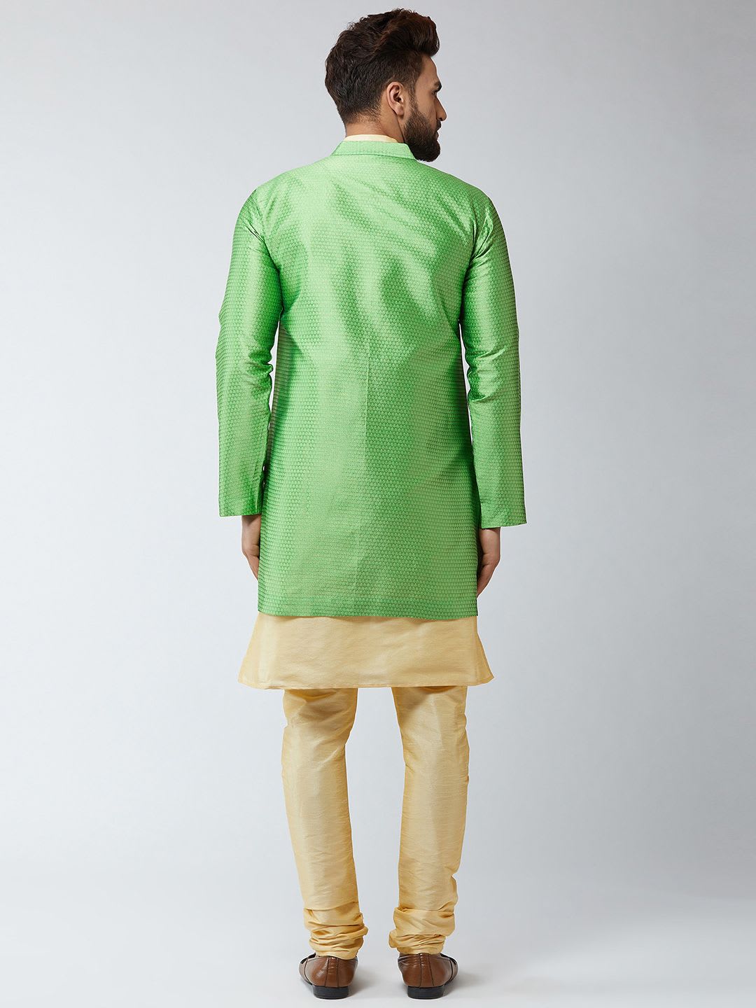 SOJANYA Men Gold-Toned & Green Self-Design Sherwani Set - right view