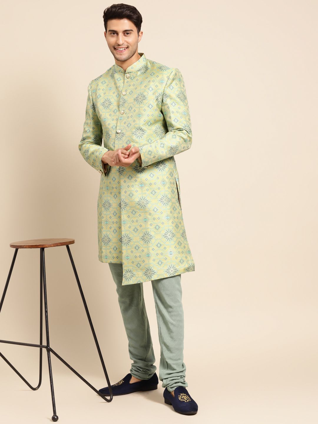 KISAH Men Yellow Woven Design Indowestern Sherwani Set - default view