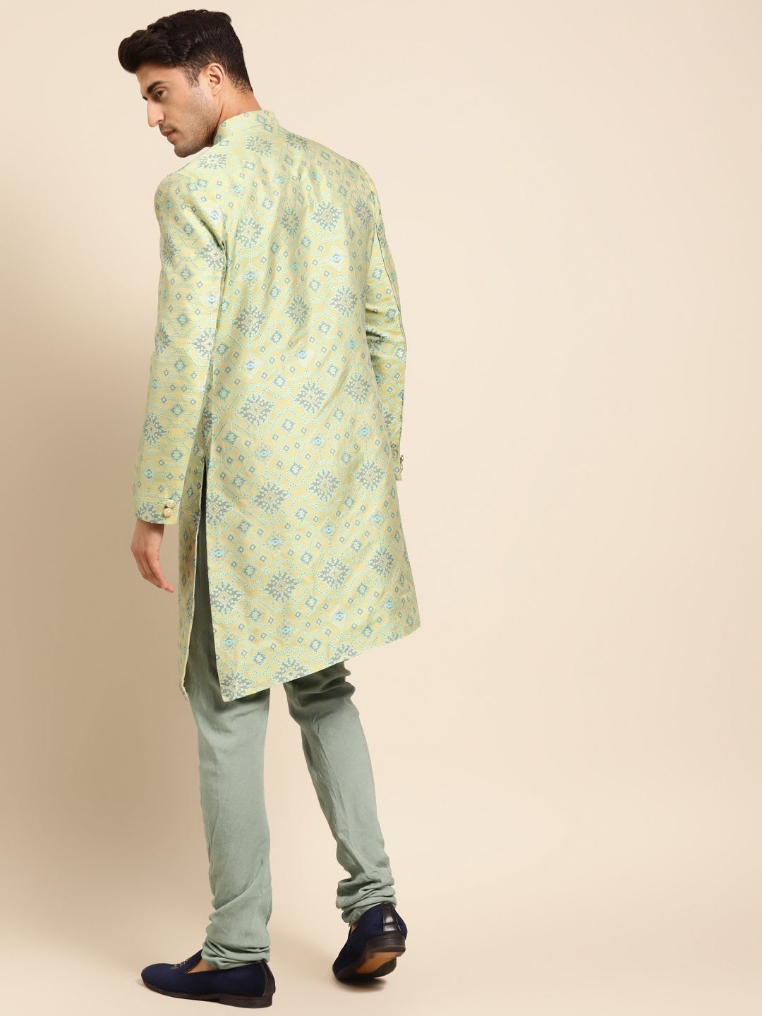 KISAH Men Yellow Woven Design Indowestern Sherwani Set - left view