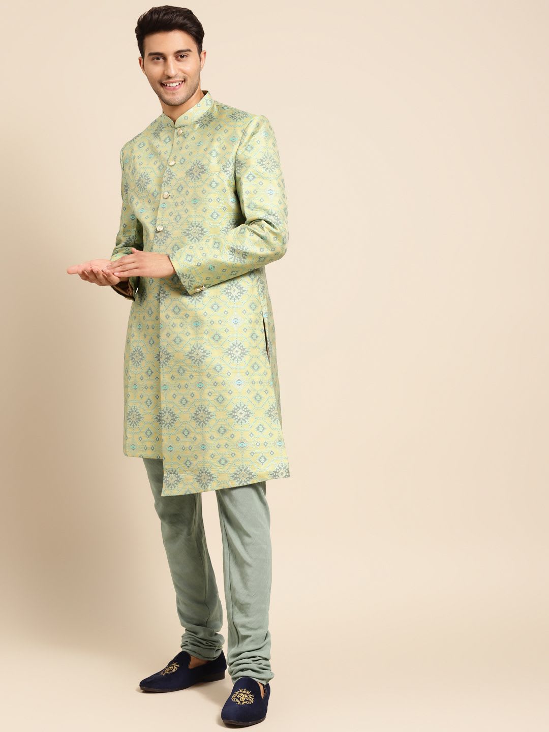 KISAH Men Yellow Woven Design Indowestern Sherwani Set - right view