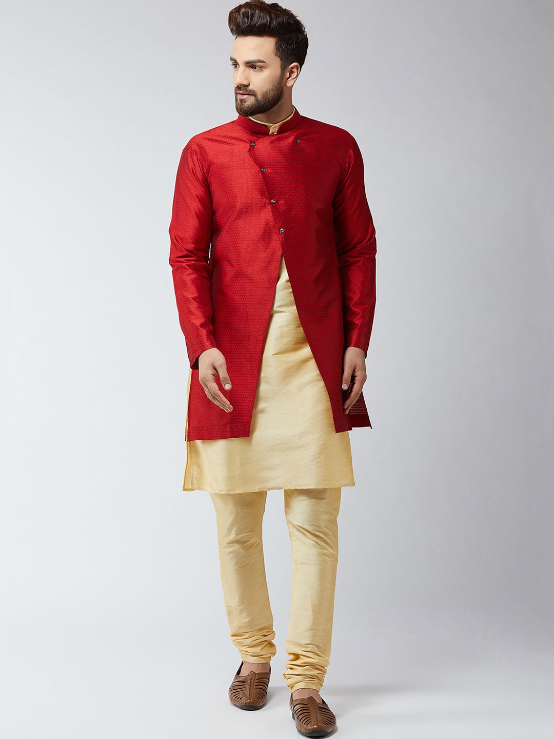 SOJANYA Men Gold-Toned & Maroon Self-Design Sherwani Set - default view