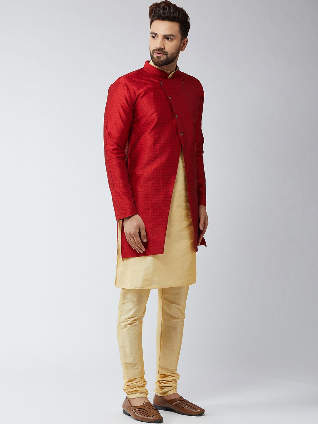 SOJANYA Men Gold-Toned & Maroon Self-Design Sherwani Set - back view