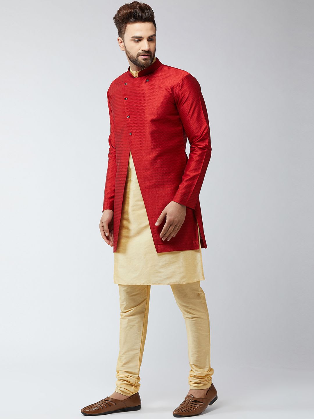 SOJANYA Men Gold-Toned & Maroon Self-Design Sherwani Set - left view