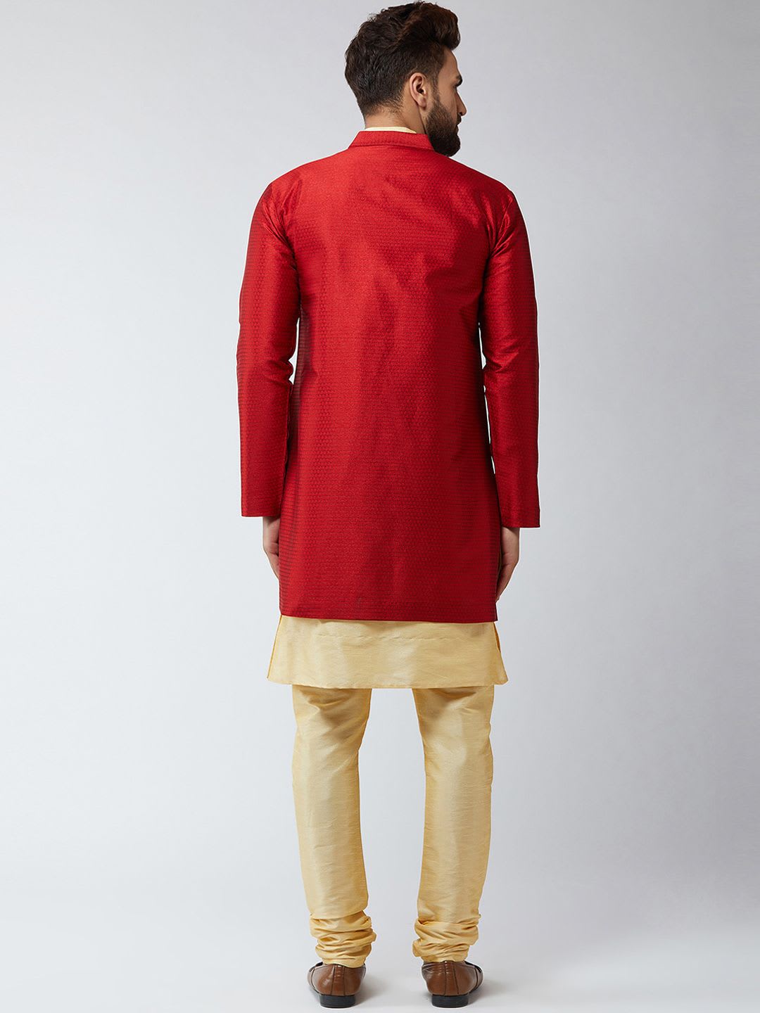 SOJANYA Men Gold-Toned & Maroon Self-Design Sherwani Set - right view